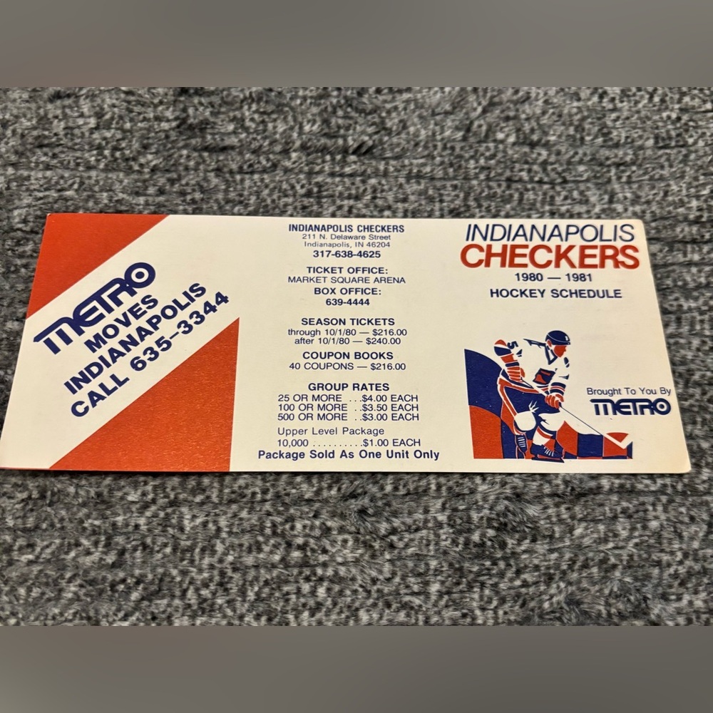 Indianapolis Checkers Central Hockey League CHL Pocket Schedule 1980 1981